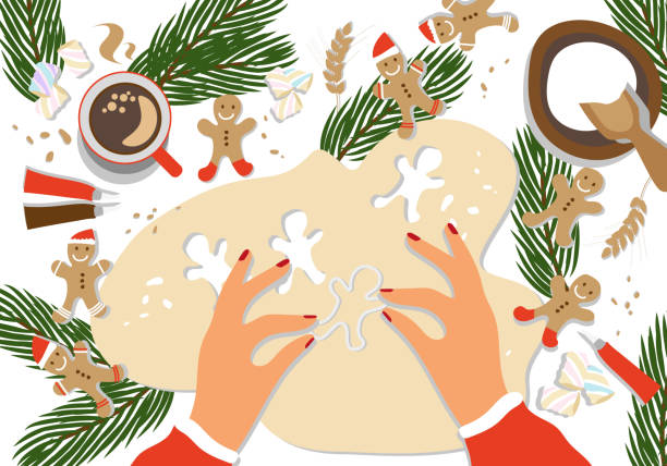 Woman's hands making Gingerbread man cookies Woman's hands making Gingerbread man cookies. Process of Decorating gingerbread man. Culinary master class. Top view. Prepare Christmas food. Vector flat cartoon style for banner, advertising. gingerbread man cookie cutter stock illustrations