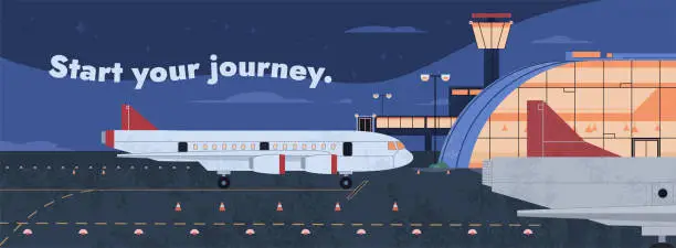 Vector illustration of Night airport terminal building and airplanes on runway