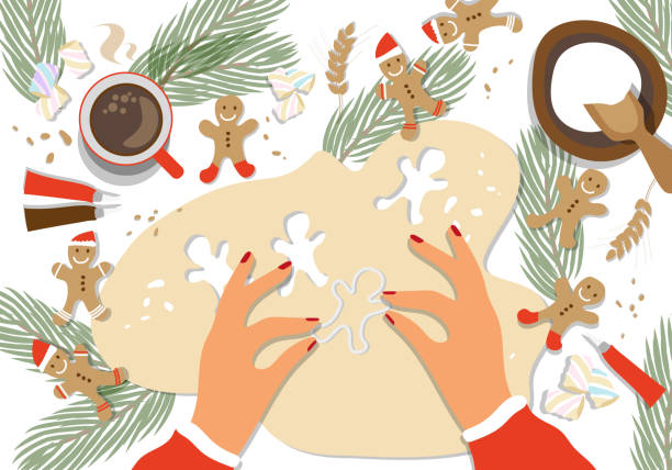 Woman's hands making Gingerbread man cookies Woman's hands making Gingerbread man cookies. Process of Decorating gingerbread man. Culinary master class. Top view. Prepare Christmas food. Vector flat cartoon style for banner, advertising. gingerbread man cookie cutter stock illustrations