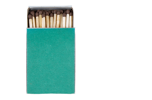 Close-up of a green matchbox isolated on white background with clipping path