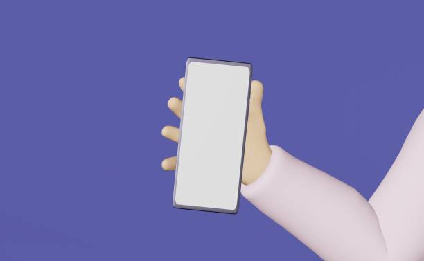 istock Hand holds mobile phone purple background 3d rendering. Smartphone screen mockup Blank gadget display advertising design 1442165468