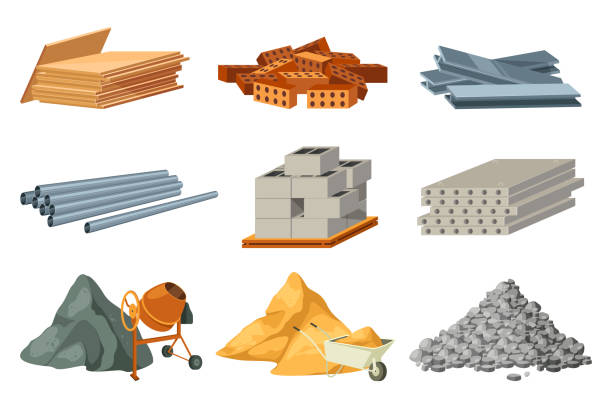 Set of building materials, vector isolated objects Building materials vector set. Isolated objects of metalworks, bricks, metal pipes, concrete plates, barrows of sand and stones. Supporting equipment mixer and wheelbarrow. Building industry theme. construction material stock illustrations