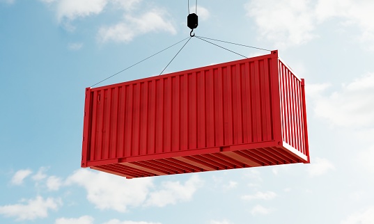 Red cargo containers with empty blank text for advertising mockup template on crane in depot warehouse with sky background. Business industrial and transportation concept. 3D illustration rendering