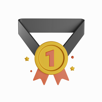 Gold medal with number one 3D icon. Golden prize or award with ribbon 3D illustration