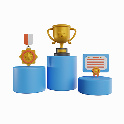 3d winners with golden cup, gold winners stars on podium background.Winners podium with cups. 3d award ceremony first and second and third concept on podium