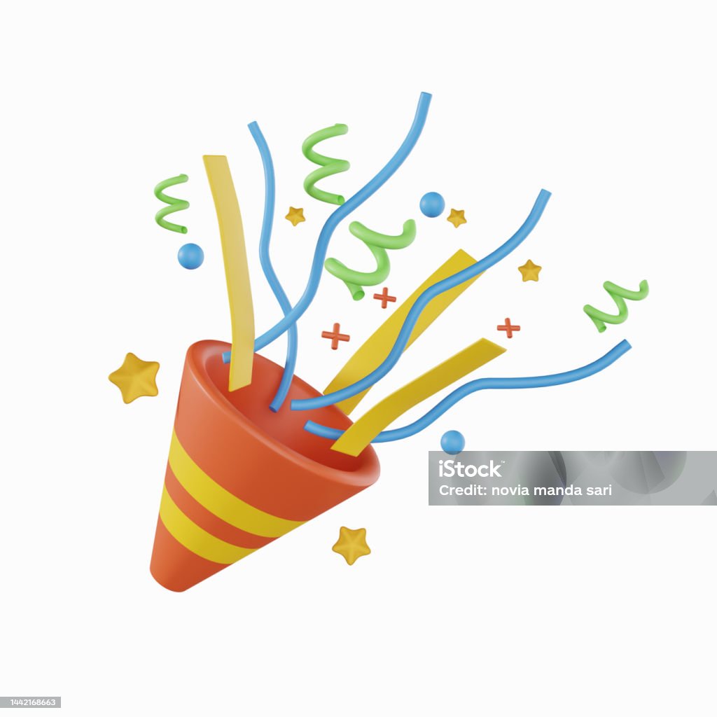 3D Firecracker with confetti 3D Firecracker with confetti. 3d Party Popper with Confetti Plasticine Cartoon Style Symbol of Surprise Anniversary Stock Photo