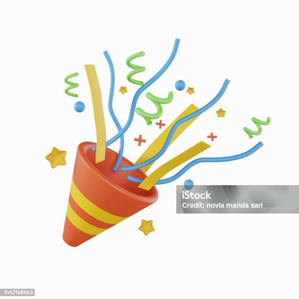 3d Firecracker With Confetti Stock Photo - Download Image Now - Anniversary, Cartoon, Celebration