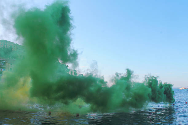 istock Colored smoke on water. Concept of celebration, creativity. 1442168979