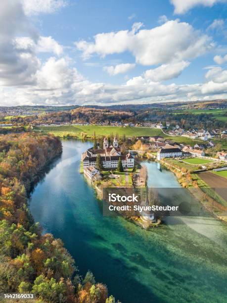 Aerial View Of The Rheinau Abbey Islet On Rhine River Stock Photo - Download Image Now