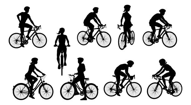 Bike and Bicyclist Silhouettes Set A set of bicyclists riding bikes and wearing a safety helmet in silhouette cycle racing stock illustrations