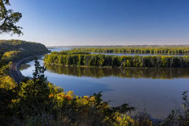 Photo of Mississippi River & Railroad Tracks Scenic Autum Landscape