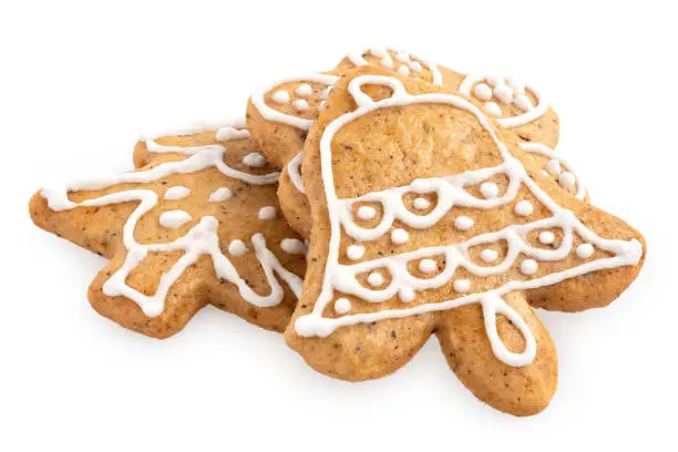 Decorated Christmas gingerbread cookies isolated on white.