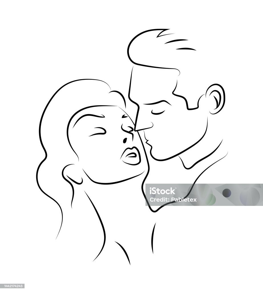 Cute Romantic Couple In Love Kissing Woman And Man Black And White ...
