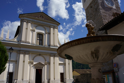 Exterior of historic buildings in Ampezzo, Udine province, Friuli-Venezia Giulia, Italy