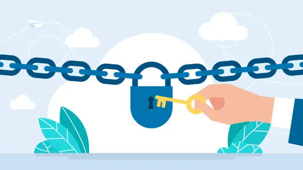 Vector illustration of The businessman unlocks the lock on the chain. Hand holding key. Chain with lock. Concept of protection. Close or open padlocks. Key, Pin code, Password. Access security. Vector flat  illustration