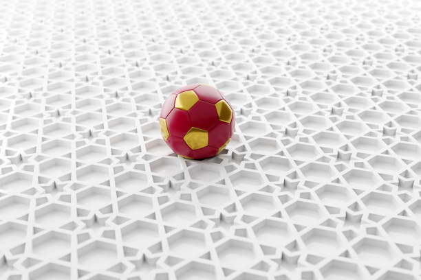 istock Soccer Ball on Abstract White Arabic Traditional Middle Eastern Pattern 3D Illustration 1442186439