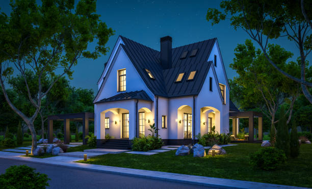 istock 3d rendering of white and black modern Tudor house in night 1442188080