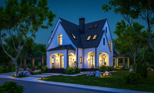 Dwelling exterior scene includes houses with solar panels, night scene . (3d render)