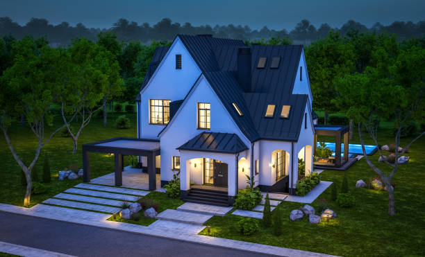 istock 3d rendering of white and black modern Tudor house in night 1442188081