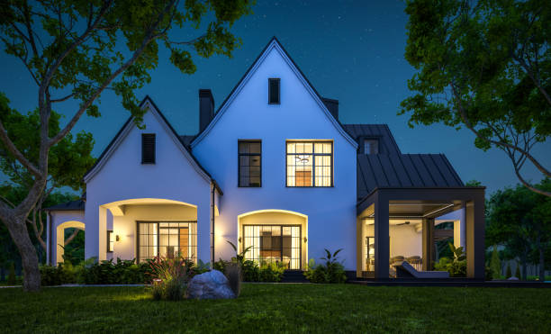 istock 3d rendering of white and black modern Tudor house in night 1442188082