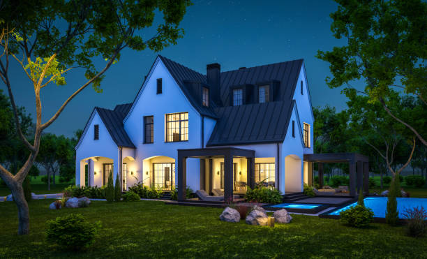 istock 3d rendering of white and black modern Tudor house in night 1442188086