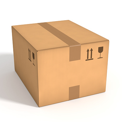 Closed cardboard box on white background. Retail, logistics, delivery and storage concept. 3D illustration