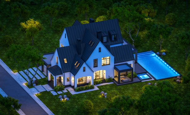 istock 3d rendering of white and black modern Tudor house in night 1442188191