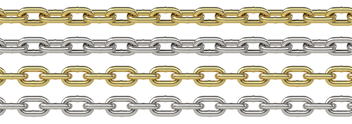 Seamless golden and silver curb chains isolated on white background, 3D illustration