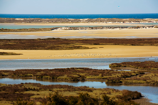 Baldaio lagoon, marshes  and beach, Carballo, Bergantiños, A Coruña  province, Galicia, Spain. Low angle view, horizon.