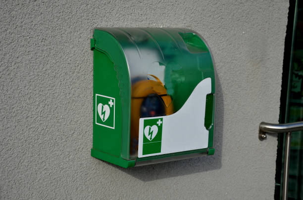 istock First aid AED defibrillator wall mounted storage cabinet in metal plastic transpa comes key door handle, fits all brands cardiac science for public place, plastic box, public park, street, restaurant 1442192197
