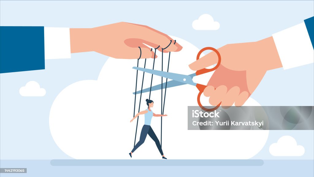 Humans Being Control Businessman Use Scissors To Cut Controlled Strings Puppet Giving It ...