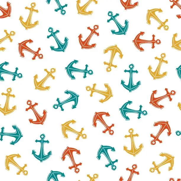 Vector illustration of Abstract Colorful Summer Anchor Doodles Vector Seamless Pattern