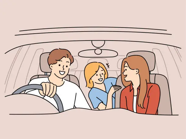 Vector illustration of Happy family with child in car
