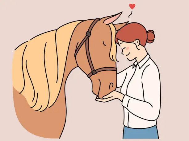 Vector illustration of Happy woman hugging horse