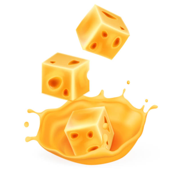 istock Realistic pieces of cheese fall into the sauce with flying drops. Vector 3d illustration. 1442196671