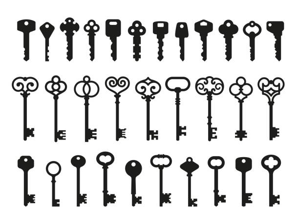 antike schlüsselsilhouetten. mittelalterliche und moderne schlüssel, schwarze vintage-formen gesetzt. offene türsymbole, privatsphäre und flucht. abstrakte aufgeräumte vektorelemente - schlüssel stock-grafiken, -clipart, -cartoons und -symbole