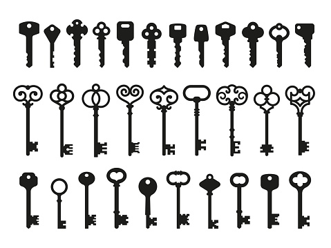 Antique key silhouettes. Medieval and modern keys, black vintage shapes set. Open door symbols, privacy and escape. Abstract tidy vector elements. Illustration of antique medieval key icon