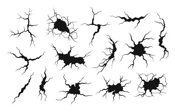 Vector illustration of Black dry cracks, split wall or ground. Crash surface, cracked desert landscape elements. Isolated earthquake damage texture, fissure soil racy vector set