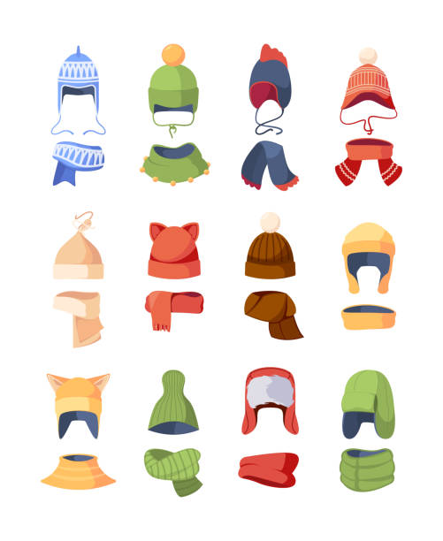 白い背景に秋と冬の季節に子供の帽子、女の子や男の子のためのニットとテキスタイルの帽子を設定します - scarf winter hat clothing点のイラスト素材／クリップアート素材／マンガ素材／アイコン素材