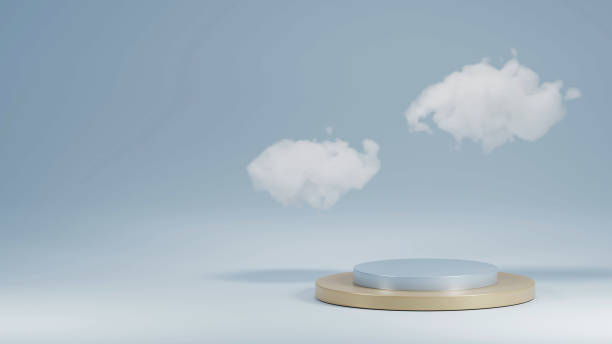 istock Podium for product presentation, Abstract mockup blue background with clouds in 3d render and illustration. 1442199735