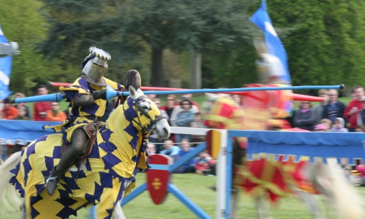 A demonstration of riding and drill of Polish uhlans from 1939, performed by a squadron of a historical reconstruction group. Two knights on horseback in armor