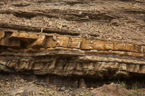 Photo of layers of sedimentary rock outcrops,  Sandstone, silt outcrops.