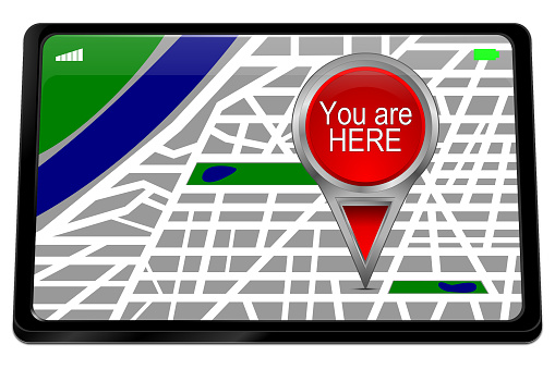 tablet computer with red You are here map pointer - 3D illustration