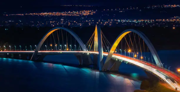 Long exposure of Juscelino Kubitschek Bridge at blue hour in Brasilia, Brazil.