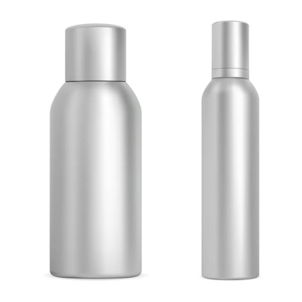 Aerosol spray bottle mockup. Deodorant can blank Aerosol spray bottle mockup. Deodorant can cylinder blank. Aluminium aerosol freshener bottle blank, realistic template. Refresher sprayer tube, antiperspirant tin design, metalic packaging silver bottle cap stock illustrations