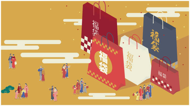 illustrations, cliparts, dessins animés et icônes de illustration isométrique d’une famille faisant du shopping dans l’attente des sacs porte-bonheur du nouvel an - hatsumode