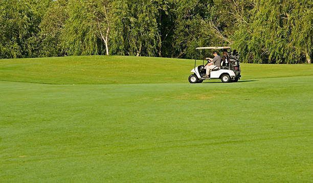 istock Distant man driving a golf cart on a golf course 144221180