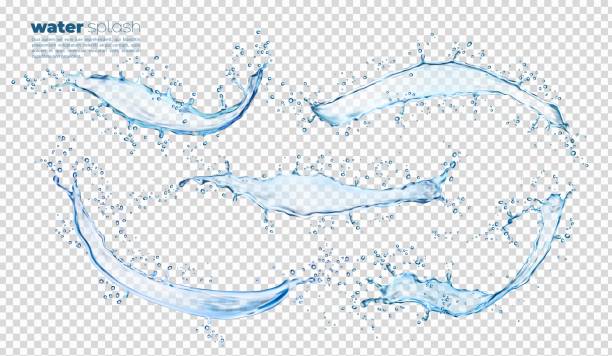 孤立した青い水の波がはね、水滴で流れます - liquid water splashing pouring点のイラスト素材／クリップアート素材／マンガ素材／アイコン素材