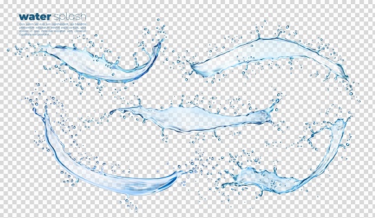 Isolated blue water waves splash and flow with drops, vector realistic water splatter. Transparent water long flow or clean aqua spill pour with splashing fizzy droplets of crystal sparkling drink