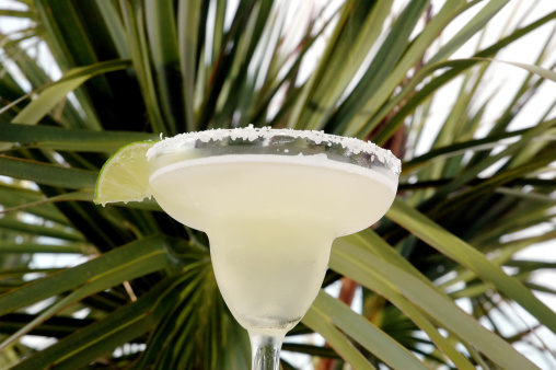 Margarita with salt and lime with palm tree in background.